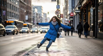 Female pedestrian loses balance on treacherous icy sidewalk during a cold winter day in a busy city street