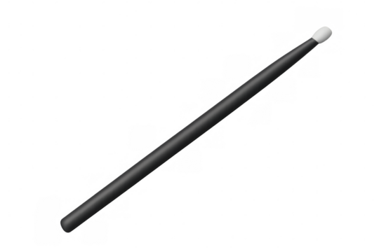Black drumstick resting diagonally against clean backdrop, highlighting percussive instrument detail with minimalist visual approach
