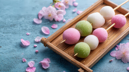Delicious japanese dango desserts traditional setting food photography springtime vibes close-up view sweet treats