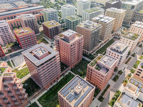 Aerial view of the The Paris 2024 Olympic and Paralympic Villagewith colorful buildings and green roofs creating a vibrant tapestry, Village des Athl&Atilde;&uml;tes Olympiques, &Atilde;Žle-de-France, France.