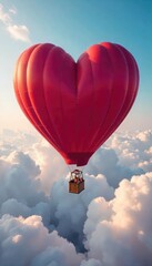 Obraz premium A heart-shaped hot air balloon floats serenely amidst fluffy clouds, symbolizing the lightness and freedom of love, soaring to new heights , serenity, nature