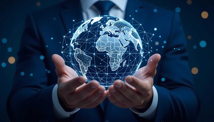 Closeup male hand holding glowing digital sphere, symbolizing global connection, innovation, technology, and virtual network