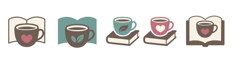 Vector flat art set showing coffee cups with books, hearts, and leaves.