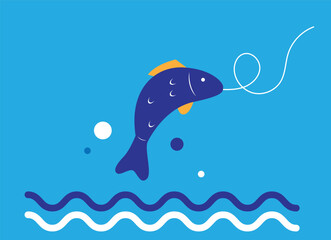Catching Fish Fishing Abstract Idea on Blue Background. Sports and leisure outdoor activities vector art