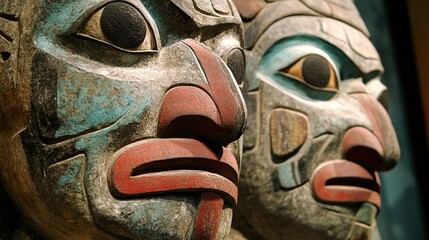 Wooden Mask Carving with Colorful Tribal Graffiti