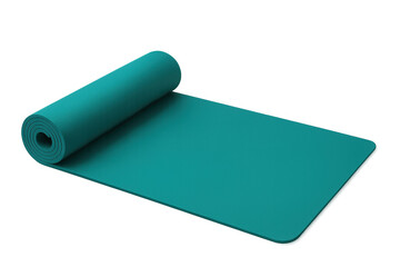 Turquoise yoga mat partially rolled, 3d rendering with transparent background and clipping path