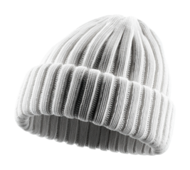 Cozy winter action white knit beanie in urban. Isolated on transparent background, png. isolated on transparent background, png