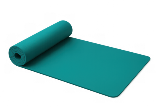 Turquoise yoga mat partially rolled, 3d rendering with transparent background and clipping path