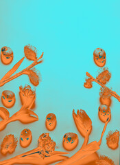 Stylized Easter still life with flowers and eggs in vivid orange and turquoise tones 