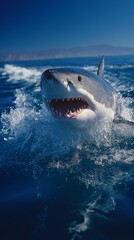Fototapeta premium Close-up of a great white shark clenching its teeth and jaws while breaching water
