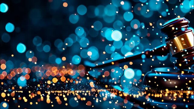 Legal wooden on lying gavel sounding sparkling blurred festive background highlighting judicial symbolism with block, bokeh effect video 4k