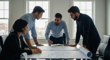 A diverse team of architects working together on building plans in a modern office setting