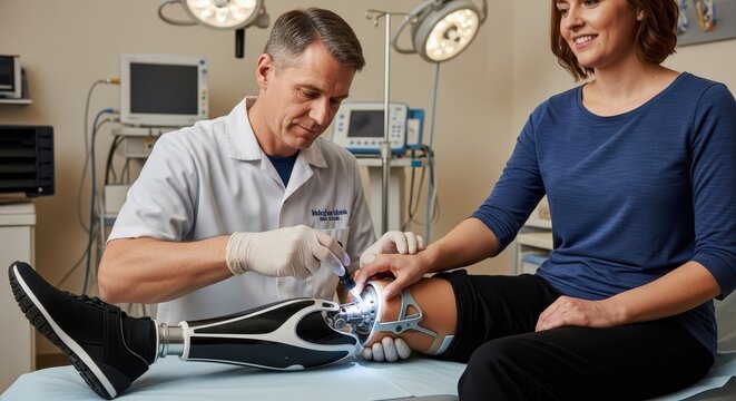 A skilled prosthetist fitting a high-tech prosthetic leg onto a smiling female patient.