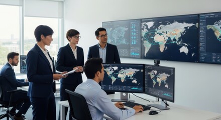 Business team in a high-tech office monitoring global logistics and shipping routes on world maps
