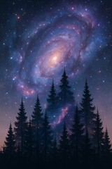 Naklejka premium Surreal forest silhouette blending into a vibrant starry galaxy sky, creating a magical and dreamy nightscape.