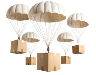  Set of Cardboard Boxes Suspended on White Parachutes, Floating Isolated on Transparent Background PNG