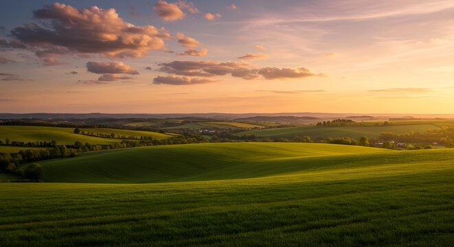 Sunset over rolling green hills