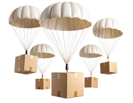  Set of Cardboard Boxes Suspended on White Parachutes, Floating Isolated on Transparent Background PNG