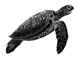Fototapeta premium Elegant sea turtle underwater graphic black and white. Isolated on transparent background, png. isolated on transparent background, png