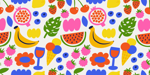 A playful seamless summer pattern with hand-drawn fruit and tropical elements. For summer packaging, textile design, wrapping paper, digital backgrounds, or kids' products. 