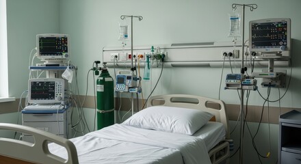 An empty bed in a modern intensive care unit room with vital signs monitors and IV drips