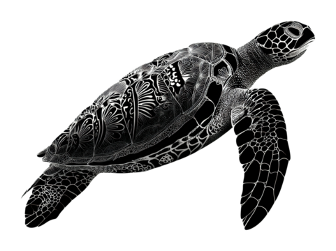 Elegant sea turtle underwater graphic black and white. Isolated on transparent background, png. isolated on transparent background, png