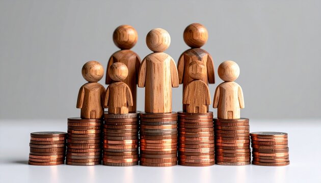 Wooden family figurines standing on stacks of coins symbolizing generational wealth, financial planning and social equity