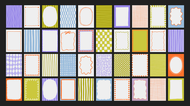 A trendy collection of vector frames and backgrounds with hand-drawn borders, abstract wavy lines retro-inspired patterns. Frames in playful colors. For invitations, posters, social media templates