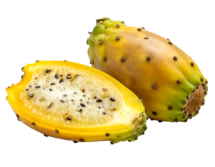 Two yellow-green prickly pear cactus fruits, one whole and one sliced open, displayed against a transparent background. The sliced fruit reveals a pale yellow interior dotted with small, dark seeds
