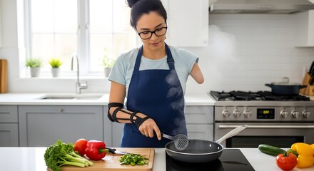 Woman with prosthetic arm cooking healthy food in kitchen