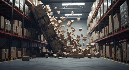 A catastrophic warehouse accident showing a storage rack collapsing and boxes falling down.
