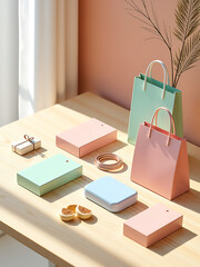 colorful flat lay soft shopping icons arranged artfully light wood table warm natural light streaming