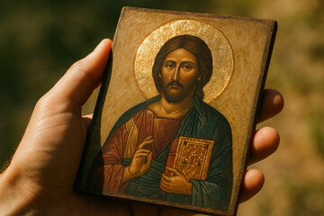 Hand holding orthodox christian icon depicting jesus christ with golden halo in natural outdoor light