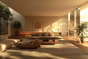 Interior of a modern living room, rendered in 3D to highlight sleek furniture and spacious design, Generative AI