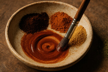 Natural powdered spices being mixed in a rustic ceramic bowl with a brush, showcasing vibrant earthy tones and culinary preparation