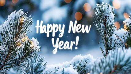 Festive winter wonderland with happy new year greeting on snowy pine branches - Powered by Adobe
