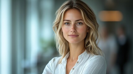 Fototapeta premium Confident female professional in a modern office, embodying focus and determination.