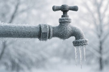 Frozen outdoor metal water tap with dangling icicles in cold winter weather and blurred snowy background