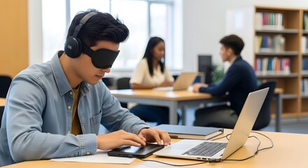 Young man with headphones and eye mask uses braille device at desk
