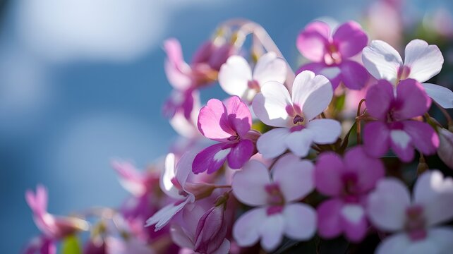 Delicate pink and white orchids bloom in soft sunlight with blurred blue background