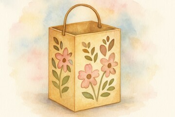 Watercolor illustration of a floral paper lantern with soft pink flowers and leaves on a pastel background.

