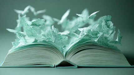 Open book with pages turning into paper birds and leaves in soft teal tones creating an ethereal whimsical scene symbolizing storytelling imagination and the beauty of creative freedom