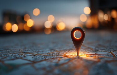 A lighted pin on top of a hazy city map