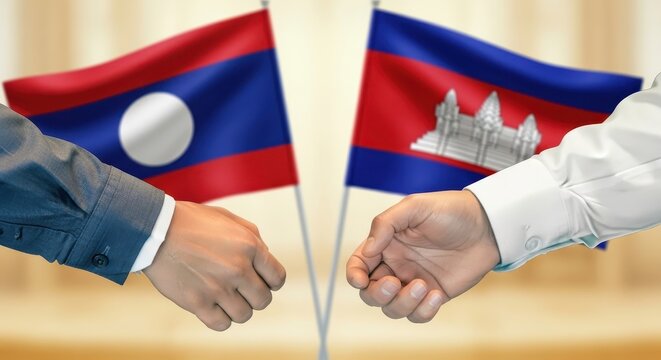 Laos and Cambodia handshake, a close-up symbol of diplomatic partnership and agreement.
