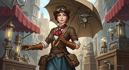 Lady adventurer stands confidently with her umbrella in city, evoking a sense of exploration and intrigue.