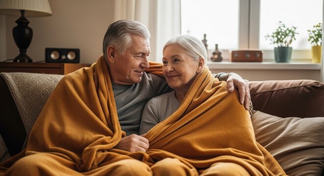 Affectionate senior couple relaxing together under a cozy shared blanket on the sofa at home