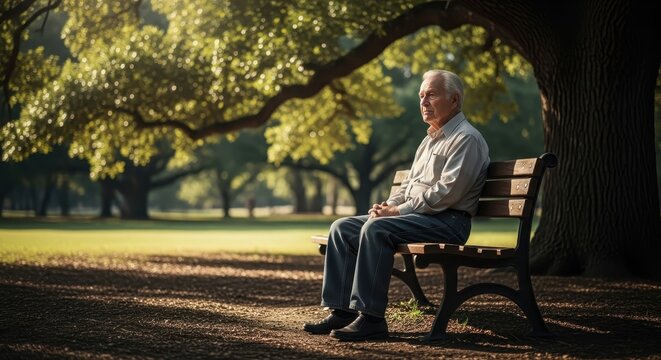 Pensive senior man sitting alone on a park bench, enjoying a moment of quiet reflection