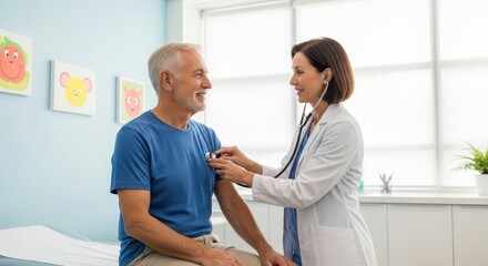 Fototapeta premium Friendly female doctor uses a stethoscope to examine a smiling senior man during a routine check-up