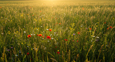 vibrant, sun-drenched meadow filled with wildflowers, with a gentle breeze rustling through the tall grass