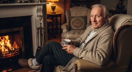 A senior man enjoys a warm cup of tea while relaxing by a cozy fireplace at home